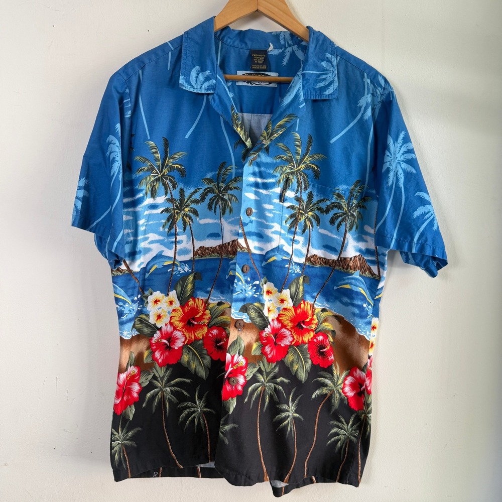 Palmwave Hawaiian Shirt Tropical‎ Island Scenic Print Blue Mens L Excellent